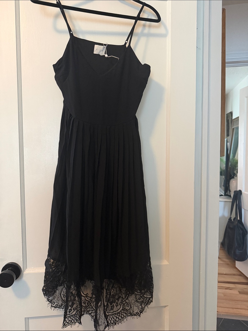 Vila Black Lace-Hem Spaghetti Strap Dress